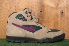 Vintage Nike ACG 'Caldera' Tan/Purple Suede Green Nylon Hiking Boots Women's 8.5
