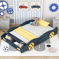 Full Size Race Car-Shaped Platform Bed with Wheels and Storage, Dark Blue Yellow