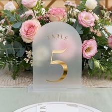 Frosted Arch Wedding Table Numbers 1-15 w/Stands, Gold Foil Printed 5x7 Acrylic