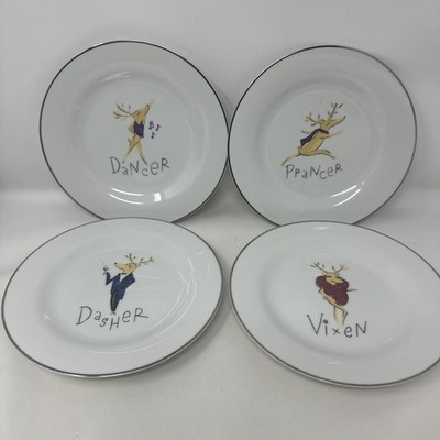 Reindeer by POTTERY BARN Salad Plates 8.5  Retired Dasher Dancer Prancer Vixen