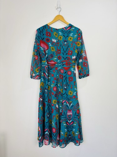 Boden Dress Women Size 12 Teal Blue Floral Chiffon Sheer 3/4 Sleeve V Neck Midi - Picture 2 of 10