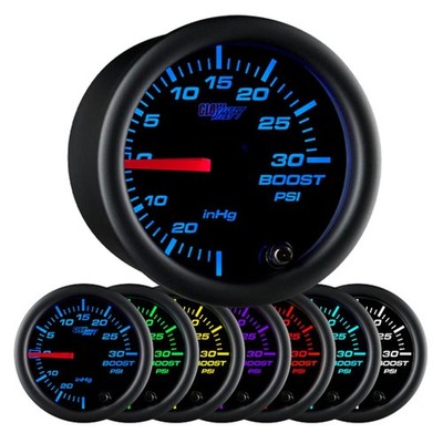 Black 7 Color 30 PSI Turbo Boost/Vacuum Gauge Kit - Includes Mechanical Hose,...