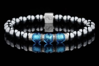 Aurum Men s Hematite Bracelet W/Murano Glass Beads 8mm  8.25 
