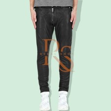 Men's Genuine Lambskin Leather Black Leather Pant Causal Dress Pant Slim Pant