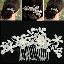 Women Vintage Wedding Bridal Rhinestones Pearl Beads Flower Leaf Hair Comb Pin