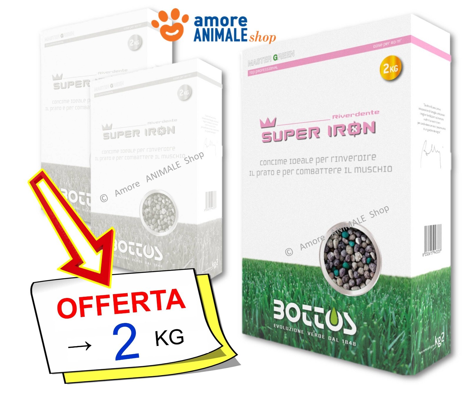 BOTTOS Super Hierro → 2 KG - Abono Prado 9-9-9 + 11 Fe - contra Verde Correctiva