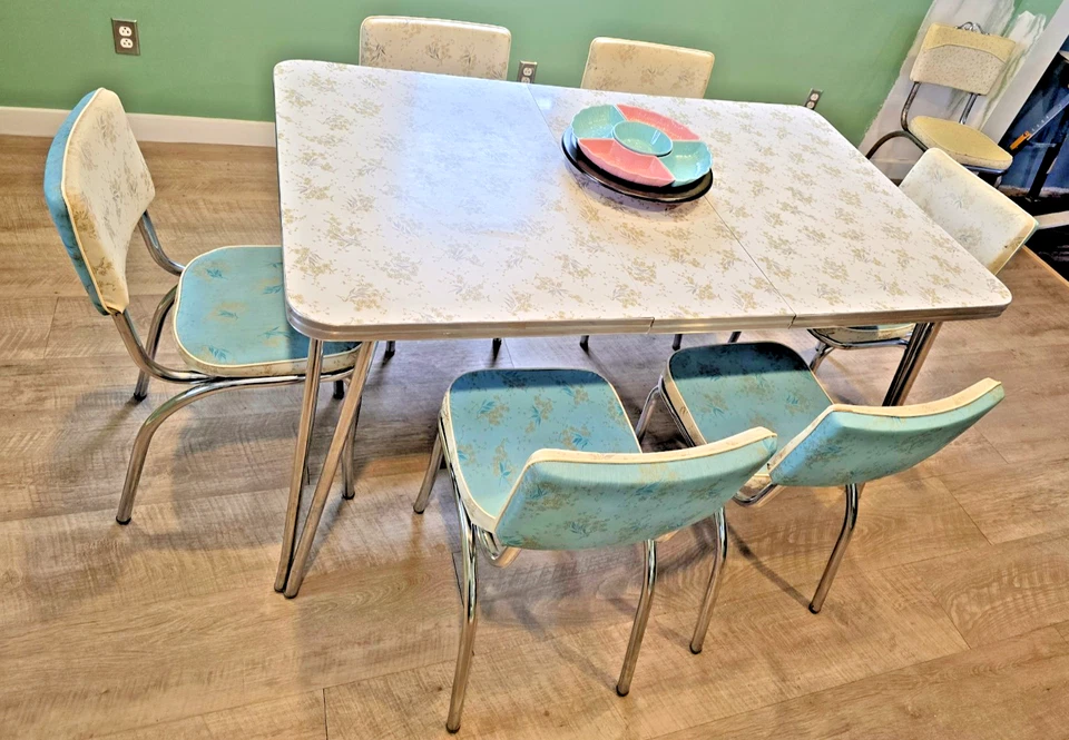 Juego de mesa/hoja/6 sillas vintage DUCHESS años 50 precioso patrón azul/dorado Foto 3 de 4