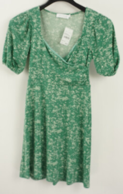 New All in Favor Women XS Sage Green White Crepe Puff Sleeve Surplice Mini  Dress | eBay