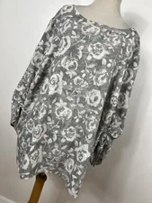 DG2 Diane Gilman 2X Shirt Top Gray Cream Floral Flower Gathered Long Sleeve H4