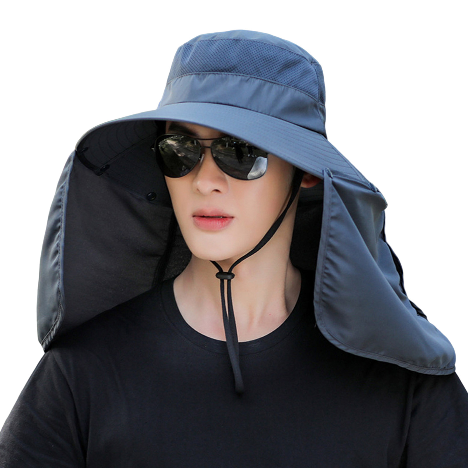 Mens Wide Brim Sun Hat With Neck Flap Result Fold Up Cap UV Ear