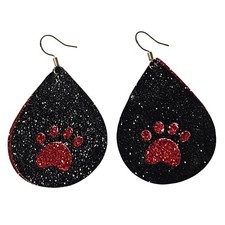 Handmade Paw Print Black Red Glitter Earrings Dog Lover Faux Leather Fabric