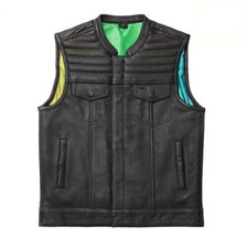 Men's Black Leather Biker Vest   Multi-Color Inner  Concealed Carry Waistcoat