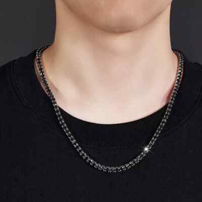 18.00Ct Round Cut Lab Created Black Men's Tennis Necklace 14K White Gold Plated