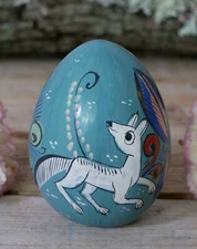 Egg White Coyote Flowers Handmade Clay Hand Painted by Medrano Mexican Folk Art