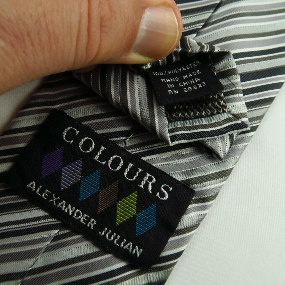 Alexander Julian Colours Mens Neck Tie Black Silver Striped Hand Made 58"x3" - Image 3 of 4