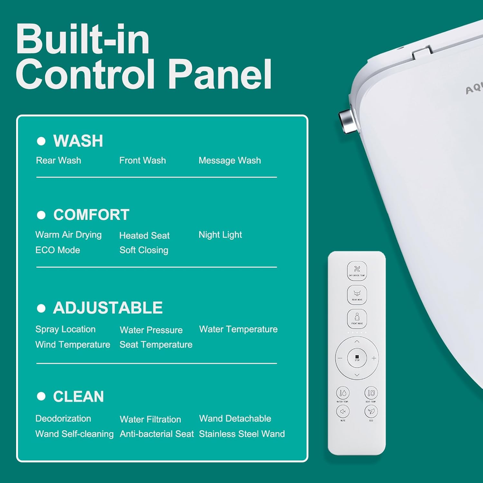 AQUATIZ DShape Smart Toilet Bidet, Electric Toilet Seat with Self