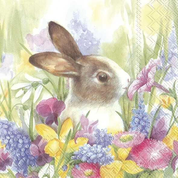 4 x Paper Napkin/33cm/3-Ply/Decoupage/Easter/Flowers/Rabbit/Ruby in the Meadow