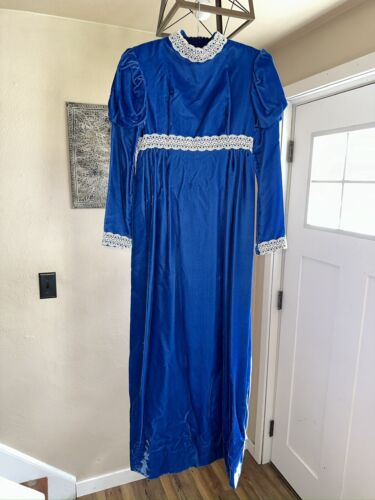 60s/70s Blue Velvet Empire Waist Renaissance Style Dress - Imagen 1 de 17