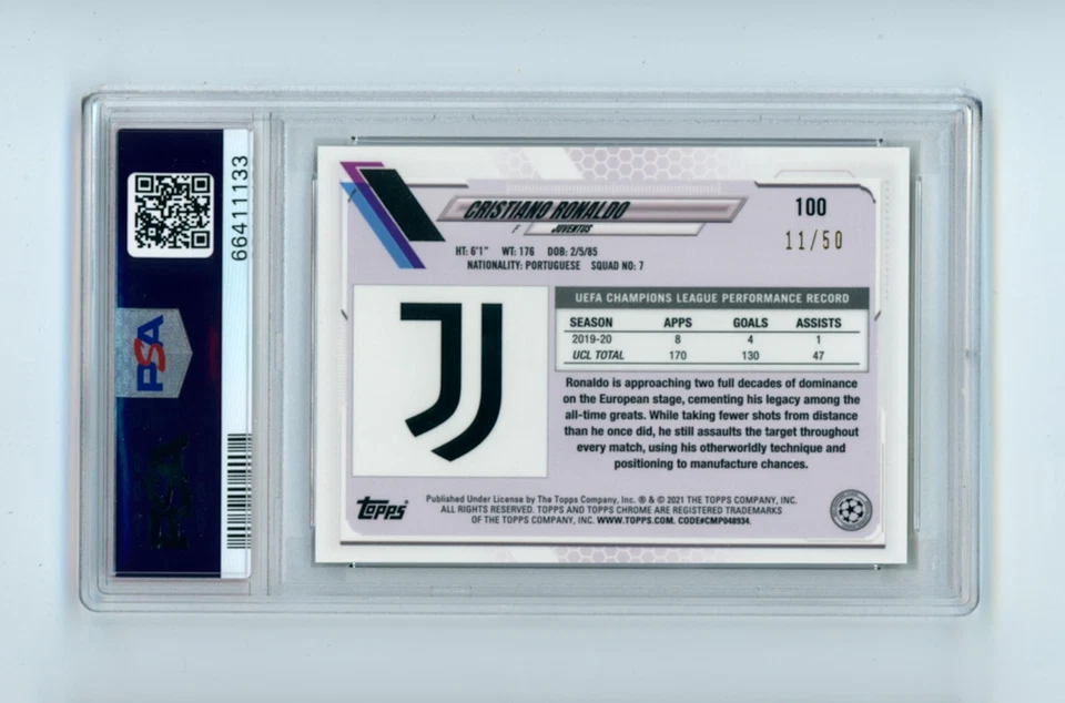 2020-21 Cristiano Ronaldo Topps Chrome Steve Aoki Gold Refractor 11/50 PSA 9 - image 2 of 3