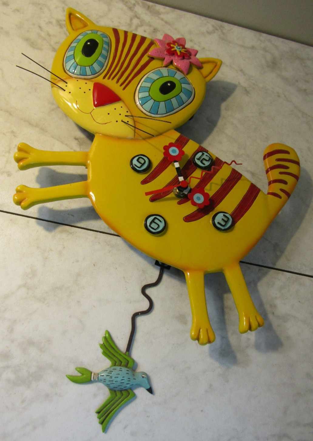 Allen Designs Kimi Kitty Vibrant Yellow Cat Clock with Swinging Bird Pendulum