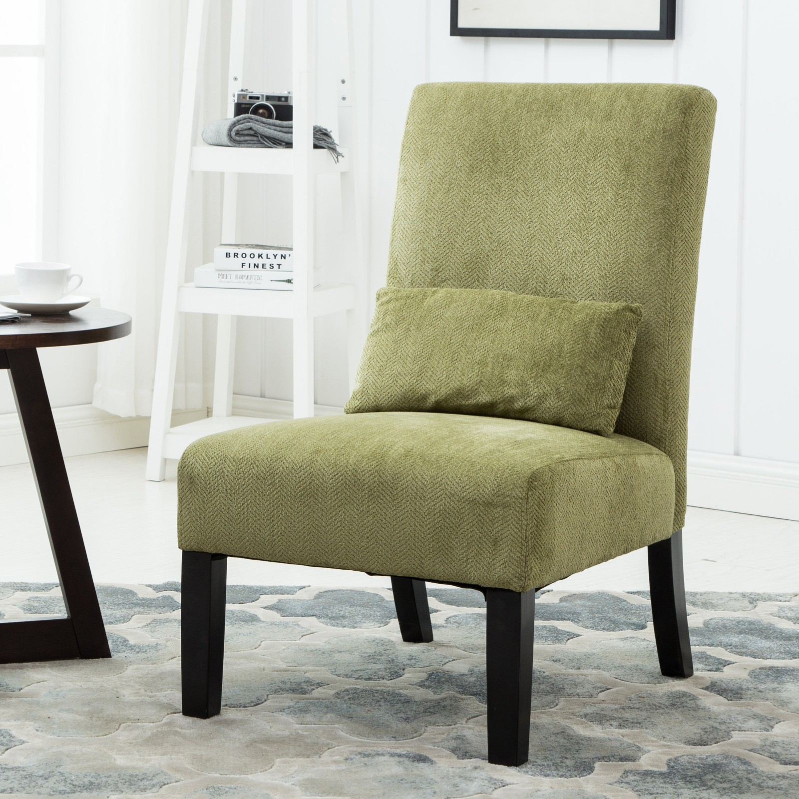 Modern Green Chenille Armless Accent Chair with Pillow