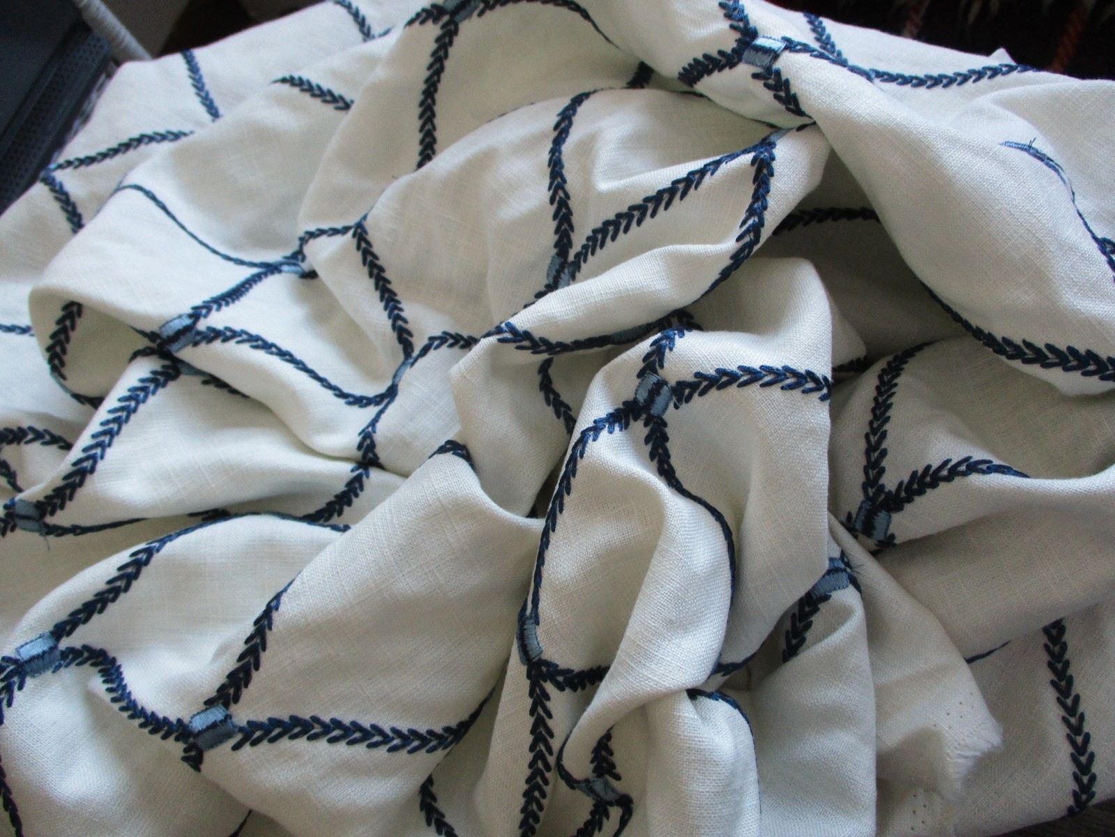 Waverly Deane Embroidery Fabric Linen 2 YD's + Trellis Leaf Blue on Off White thumbnail 8