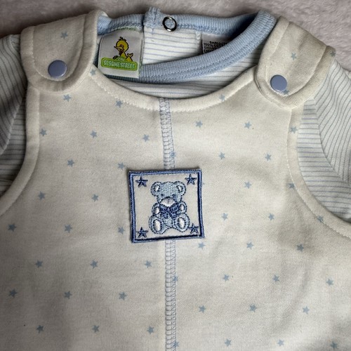 Sesame Street Baby Romper Hat Set Newborn Bear Blue Stars Stripe Sleeves NWT VTG - Picture 2 of 4