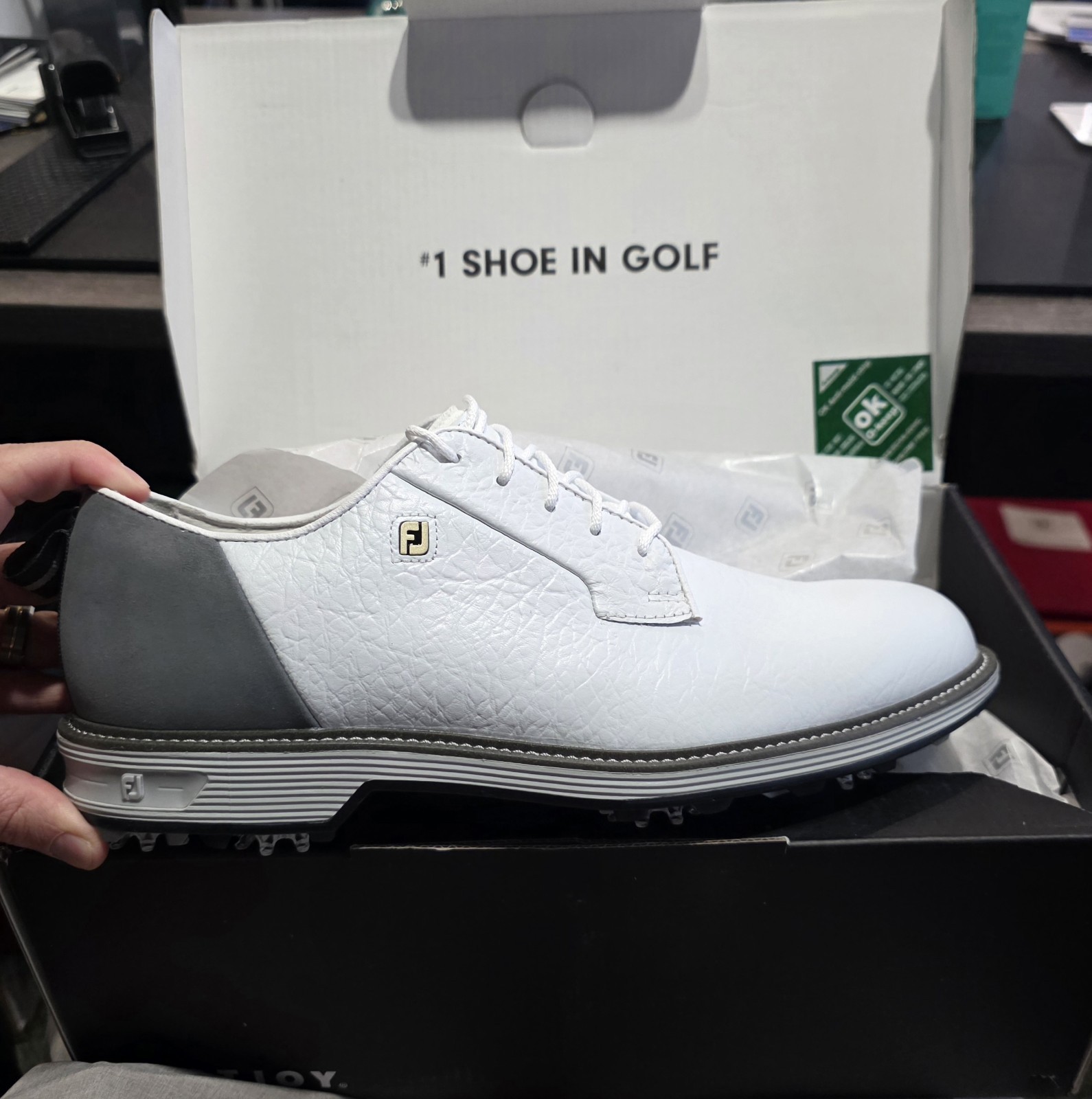 FootJoy Premiere Series Men's White/Gray Leather Waterproof Spiked Golf 11.5M