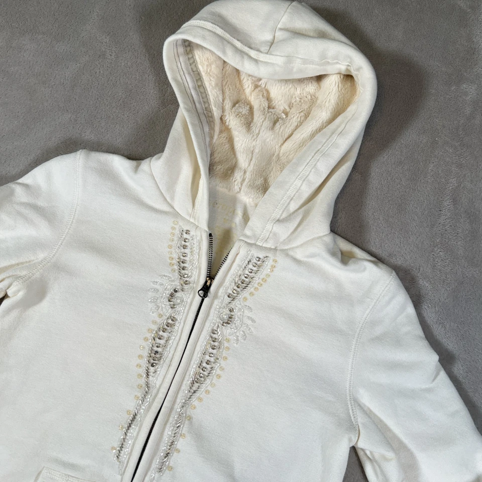 Aeropostale Y2K Faux Fur Zip Up Hoodie Jacket Cream Beaded Jewel Embroider Sz M - Image 3 of 4