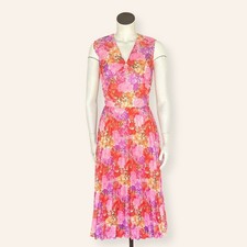 VTG Sleeveless V Neck Pink / Orange Floral Pleated Fit  Flare Midi Dress Size 6