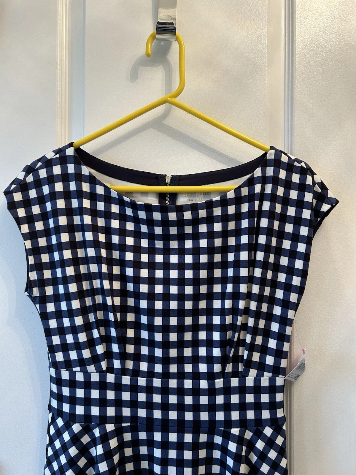 Abito donna Kate Spade Fiorella aderente e svasato taglia media tasche gingham nuovo con etichette