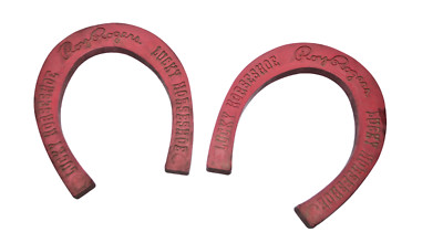 Vintage Roy Rogers Lucky Horseshoes Trigger Set of 2 Red Hard Plastic Toy Cowboy