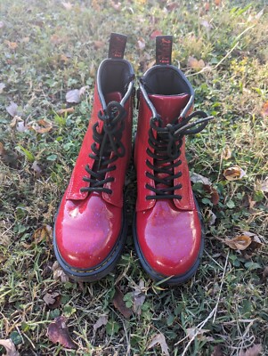 Martens Red Cosmic Glitter Patent Leather Lace Up Zip Unisex Boots W Sz 