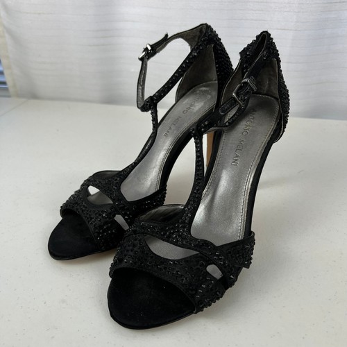 Antonio Melani Ankle Strap Sandal Heels Womens 7M Black Leather Studded Sexy - Picture 5 of 17