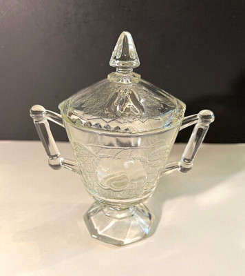 VTG Baltimore Pear SUGAR BOWL & LID Jeannette Footed Clear Glass Granny Core