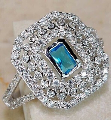 2CT Aquamarine & White Topaz 925 Solid Sterling Silver Ring Jewelry Sz 7 UB3-2