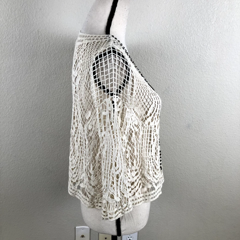 Camisa Ecote Mujer Pequeña Crema Algodón Abierta Crochet Tachonado Detalle Cuello Redondo Boho Foto 3 de 4