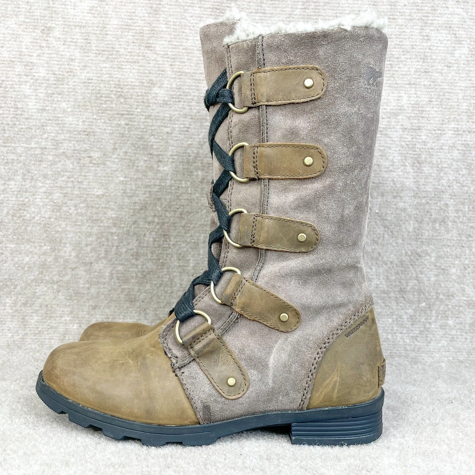 sorel emilie lace up waterproof winter faux shearling boots
