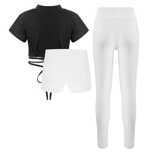 Kids Girls Set Workout Suit Cross Waist Outfit Yoga Fitness Rhinestones Modern - Picture 16 of 27