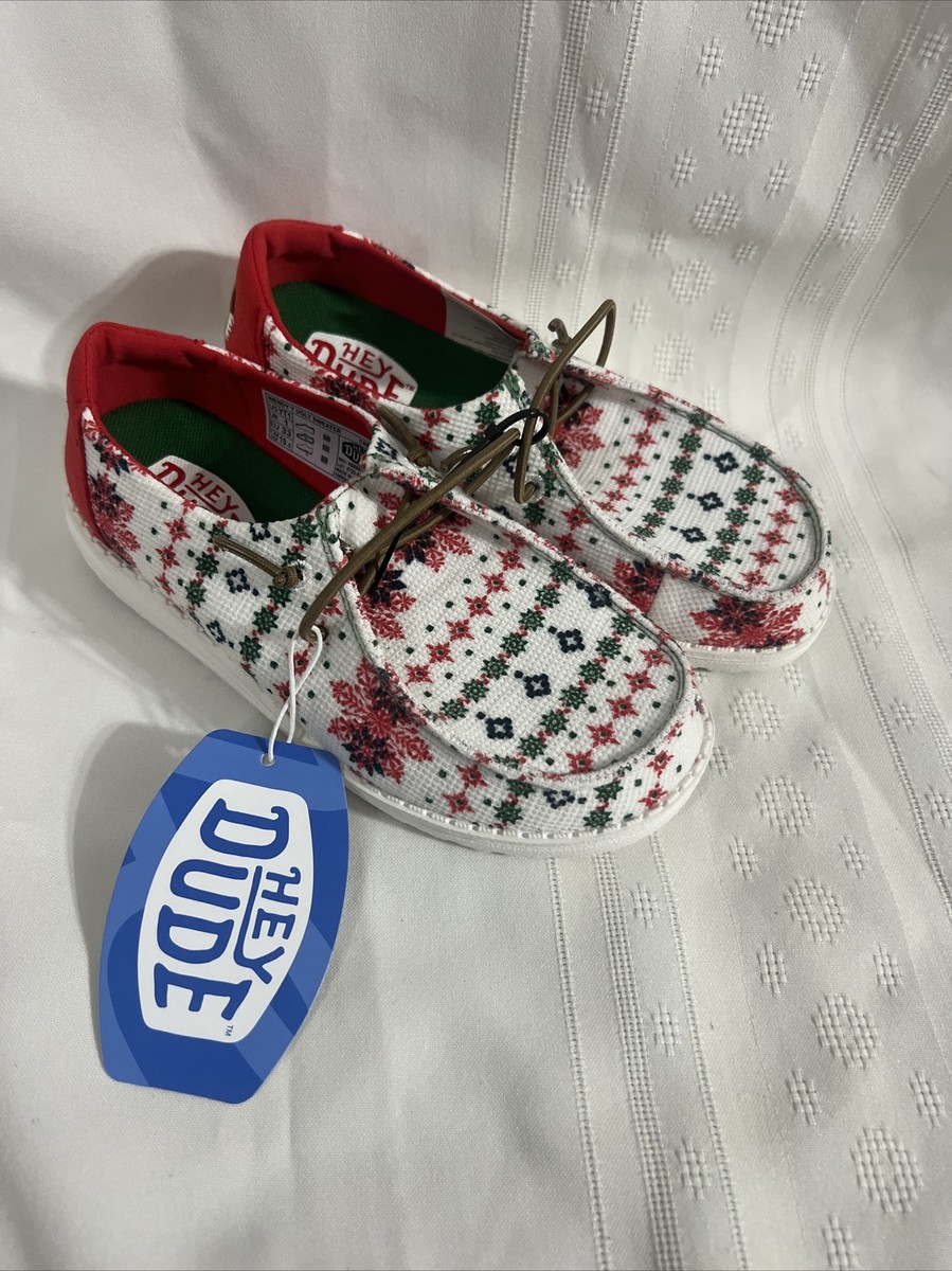 Holiday Themed Footwear Hey Dude Girls Wendy Ugly Sweater Shoes -  Comfortable Casual Slip-Ons Wendy Ugly Sweater Slip-ons, image size:899x1200