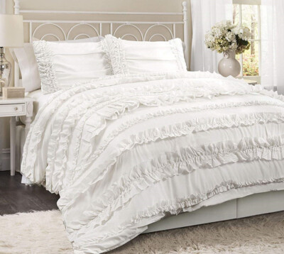 BELLE RUFFLES WHITE ** Queen ** COMFORTER SET : COUNTRY COTTAGE RUFFLED WEDDING