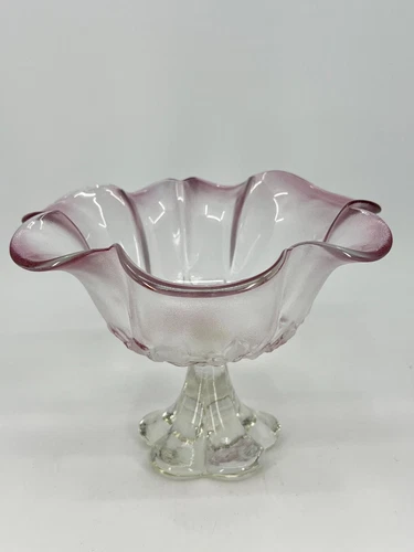 1980’s Mikasa Rosella Pink Glass Pedestal Bowl w/ Petal Edge Dogwood flowers