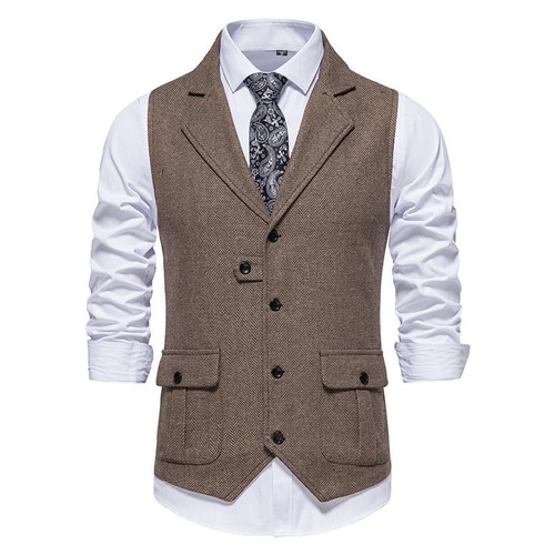 Men's Tweed Slim Fit Vests Wool Jackets Single Breasted British Style Waistcoats - Picture 19 of 22
