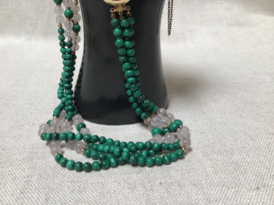 Oro 14k, Malaquita, Cuarzo Rosa, Collar de Cuentas con Brazalete Pulsera Foto 2 de 4