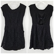 Mini Short Dress Small Black Floral Lace Open Back Pockets Boho Party Country