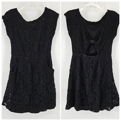 Mini Short Dress Small Black Floral Lace Open Back Pockets Boho Party Country