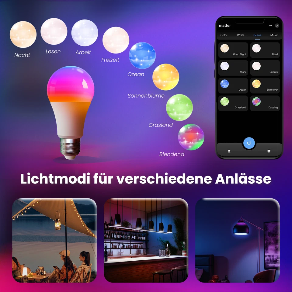 MOES Smart Matter Glühbirne E27 WLAN LED Leuchtmittel RGB Dimmbar Lampe 9W 800LM - Bild 4 von 4