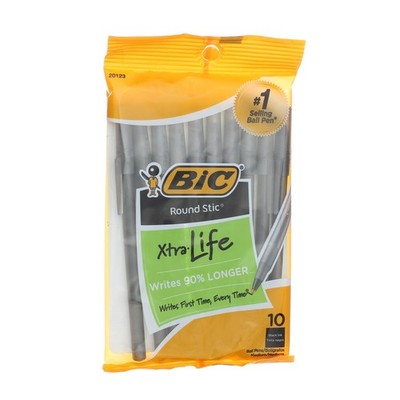 4 Pack BiC Round Stic Xtra Life Ball Pen, Medium, Black 20123, 10 Ct