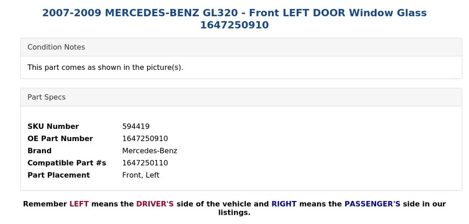 Mercedes-Benz GL320 2007-2009 - Puerta delantera izquierda ventana vidrio 1647250910 Foto 3 de 4