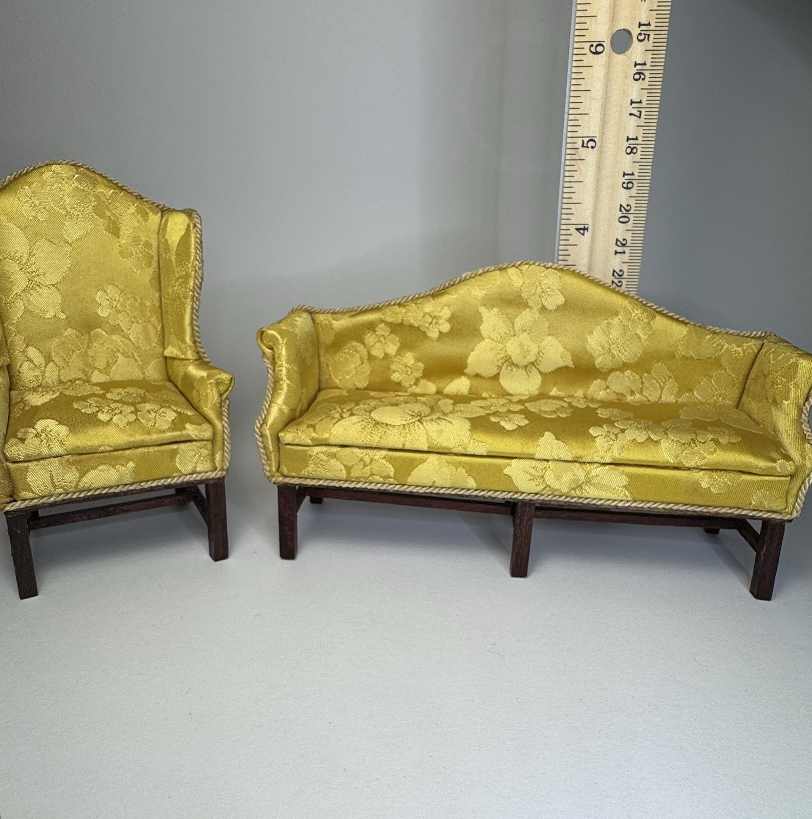 Vintage Miniature Dollhouse Yellow Brocade Upholstered Sofa and Chair Set
